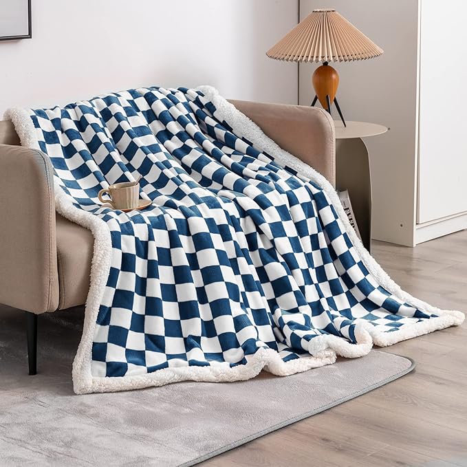 LOMAO Sherpa Throw Blanket Fleece Blanket with Checkered Pattern Soft Thick Blanket for Couch, Bed, Sofa Luxurious Warm and Cozy for All Seasons (Navy, 60"x80")
