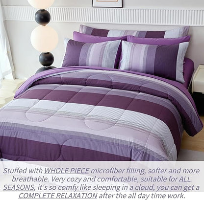 RYNGHIPY Purple Striped Bed in a Bag Queen Size, Lightweight Soft Down Alternative Comforter Set for Men and Boys,8 Pieces Comforter Bedding Set with Sheets Pillowcases (Queen,Purple Grey)