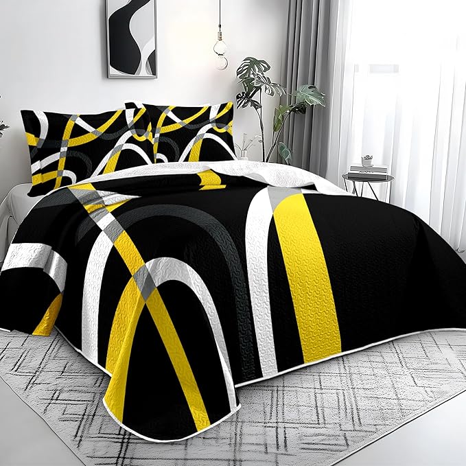 weesire Black and Yellow Bedding Quilt King Size with 2 Shams, Modern Stripe Comforter Sets Classic Line Pattern Bedspreads Grey and Yellow Coverlet, 96''x106''