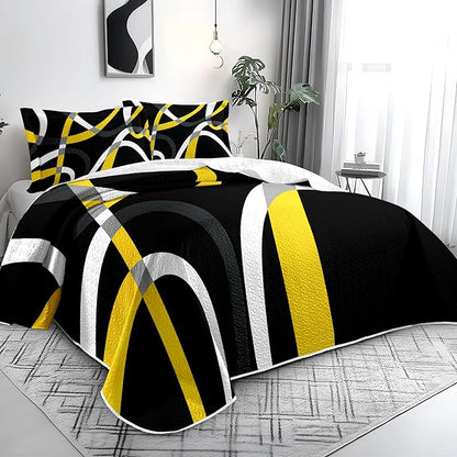 weesire Black and Yellow Bedding Quilt Queen Size with 2 Shams, Modern Stripe Comforter Sets Classic Line Pattern Bedspreads Grey and Yellow Coverlet, 90''x96''