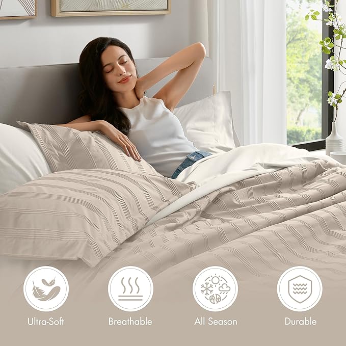 Madison Park Essentials Striped Comforter Set King, 7 Pieces Modern Minimalist Jacquard Bedding Set for All Season, Bed in A Bag with Sheet Set and Soft Brushed Reverse, Lightweight Neutral