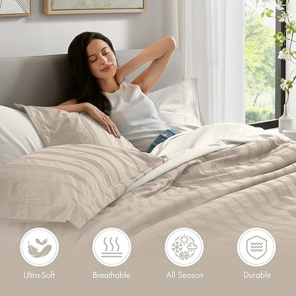 Madison Park Essentials Striped Comforter Set Queen, 7 Pieces Modern Minimalist Jacquard Bedding Set for All Season, Bed in A Bag with Sheet Set and Soft Brushed Reverse, Lightweight Neutral