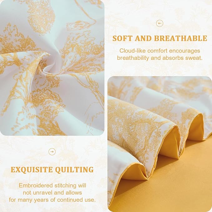 DJY Queen Size Comforter Sets, Yellow Botanical Comforters with Sheets 7 Pieces Bed in a Bag Queen Elegant Plants Print Soft Microfiber Reversible Complete Bedding Sets for All Season