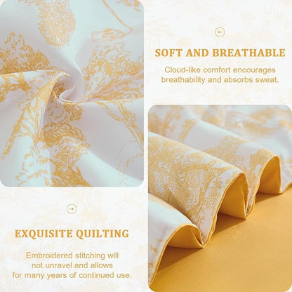 DJY Queen Size Comforter Sets, Yellow Botanical Comforters with Sheets 7 Pieces Bed in a Bag Queen Elegant Plants Print Soft Microfiber Reversible Complete Bedding Sets for All Season