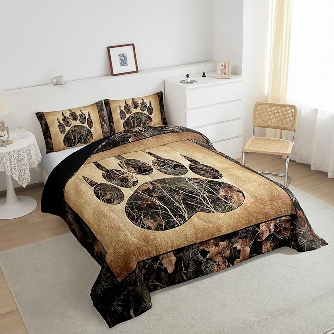 Erosebridal Rustic Farmhouse Bedding Sets King Camo Bear Paw Comforter Set Woodland Hunting Camouflage Animal Bedding Comforter Sets for Kids Boys Adults Men,Retro Cabin Wildlife Quilt Set