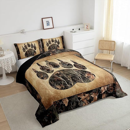 Erosebridal Rustic Farmhouse Bedding Sets Twin Camo Bear Paw Comforter Set Woodland Hunting Camouflage Animal Bedding Comforter Sets for Kids Boys Adults Men,Retro Cabin Wildlife Quilt Set
