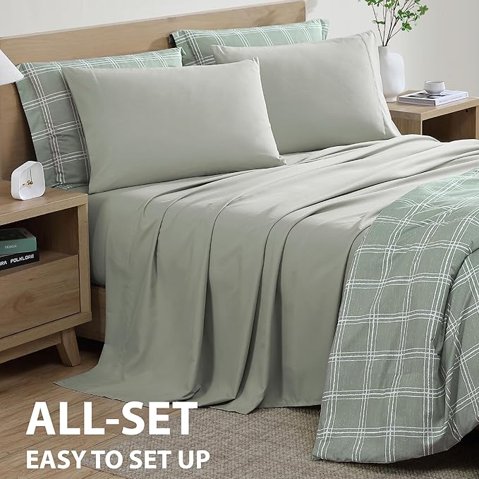 Cathay Home Basic Bedding Home Essential Ultra Soft Lightweight 7PC Wrinkle Resistant Microfiber Bed in a Bag Set (Includes Complete Sheet Set & Comforter Set) - Green Plaid, Queen