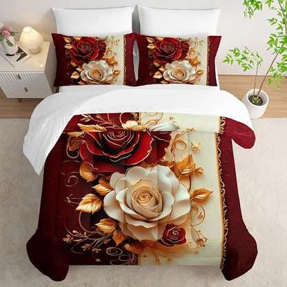 Red Rose Comforter Set Queen 7 Piece，Red Rose Bedding Sets Queen，(1 Comforter, 1 Flat Sheet, 1 Fitted Sheet, 2 Pillowcase and 2 Pillow Sham)