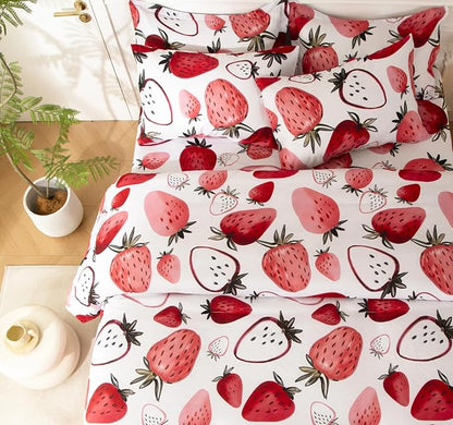 SDY 7PCS Strawberry Comforter and Sheet Set Twin Size, Cute Kawaii Pink Bedding Set for Girls, Kids Includes 1*Comforter,1* Flat Sheet, 1*Fitted Sheet,2*Pillowcases and 2*PillowcaseShams