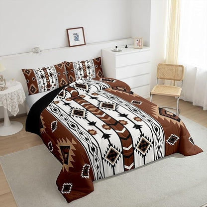 Erosebridal Western Comforter Set Brown Rustic Boho Aztec Bedding Set King Size,Country Cabin Lodge Quilt Comforter for Boys Adults Men Southwestern Ethnic Tribal Bed Duvet Set 3 Pcs