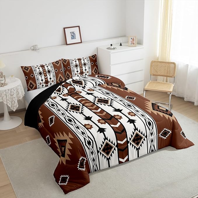 Erosebridal Western Comforter Set Brown Rustic Boho Aztec Bedding Set Toddler Size,Country Cabin Lodge Quilt Comforter for Boys Adults Men Southwestern Ethnic Tribal Bed Duvet Set 2 Pcs