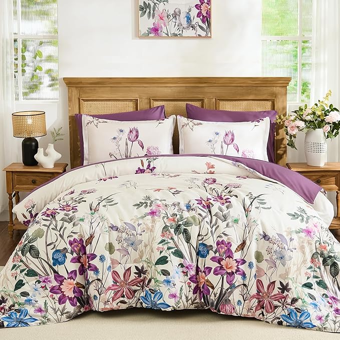 WONGS BEDDING Queen Comforter Set 7 Piece, Purple Floral Bed in a Bag Bedding Set with Botanical Flowers Patterns, Soft Lightweight Complete Comforters with Sheets for All Season