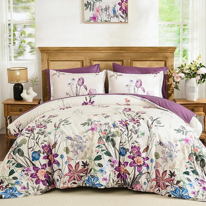 WONGS BEDDING Queen Comforter Set 7 Piece, Purple Floral Bed in a Bag Bedding Set with Botanical Flowers Patterns, Soft Lightweight Complete Comforters with Sheets for All Season