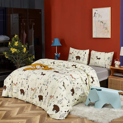 CLOTHKNOW Kids Full Size Comforter Sets Yellow Bedding Comforter Sets Cartoon Animal Fox Theme Woodland Forest Bedding with 2 x Pillow Cases