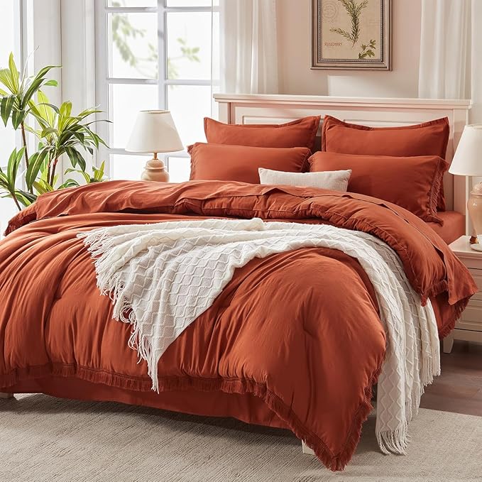 Andency Oversized King Comforter Set Terracotta 120x98-7 Pieces Boho Tassel Bed in a Bag Soft Lightweight Bedding Sets, Fringe All Season Bed Set with Comforter, Sheets, Pillowcases & Shams