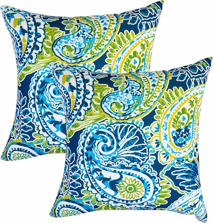 JMGBird Water-Resistant Outdoor Pillows Set of 2, 18x18 inch Durable Green Paisley Pattern Throw Pillows with Inserts for Patio Furniture