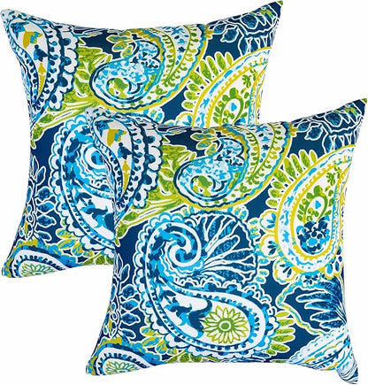 JMGBird Water-Resistant Outdoor Pillows Set of 2, 18x18 inch Durable Green Paisley Pattern Throw Pillows with Inserts for Patio Furniture