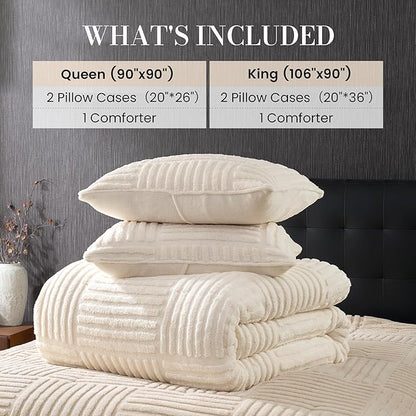 Amélie Home King Size Comforter Set with Stripe Jacquard Design, Beige Fluffy Fleece Bedding Set, Super Warm Fuzzy Plush Bedding Set for Winter, 3 Pieces, 1 Soft Comforter and 2 Pillowcases