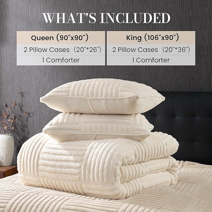 Amélie Home Queen Comforter Set, Beige Fleece Bedding Set with Stripe Jacquard, Soft Fluffy Bedding Set for Winter, 3 Pieces, 1 Warm Comforter and 2 Pillowcases
