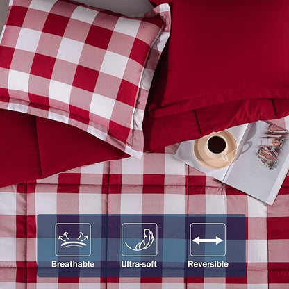 downluxe Lightweight Plaid Comforter Set (Twin) with 1 Pillow Sham - 2-Piece Set - Red/White Plaid - Down Alternative Reversible Comforter