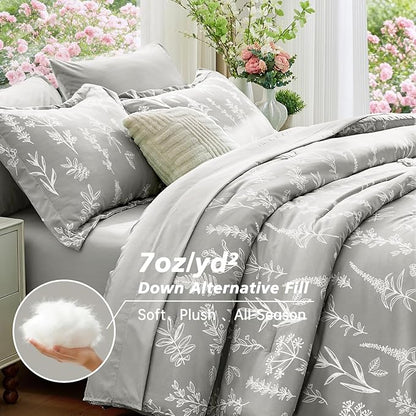 MUXHOMO Silver Grey Bed in a Bag King 7 Pieces, King Comforter Set Reversible Botanical Flowers Design, Ultra Soft & Breathable Bedding Sets with Comforter, Sheets, Pillowcases & Shams