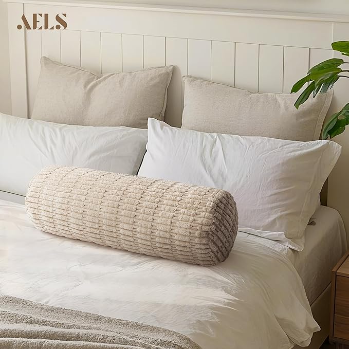 AELS Corduroy Striped Cylinder Pillows, 8" x 24" Decorative Bolster Pillows with Removable Washable Cover and Insert, Body Pillow for Couch and Bed, Living Room Bedroom Nursery Decor, Sand