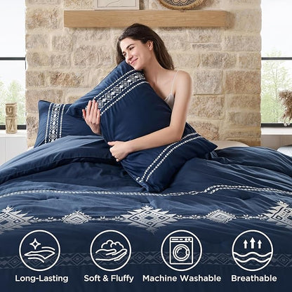 Boho Embroidered Bed Comforter Queen Set, 3-Piece Western Shabby Chic Bedding Set - Fluffy Ultra Soft Microfiber with Intricate Design, Includes Comforter & 2 Pillowcases, Navy(88"x88")