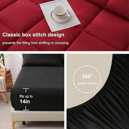 DOWNCOOL Full Size Comforter Sets, 7Pcs Full Size Bedding Sets Red/Black, All Season Down Alternative Bedding Comforter Sets with Comforter, Flat Sheet, Fitted Sheet, 2 Pillow Shams & 2 Pillowcases
