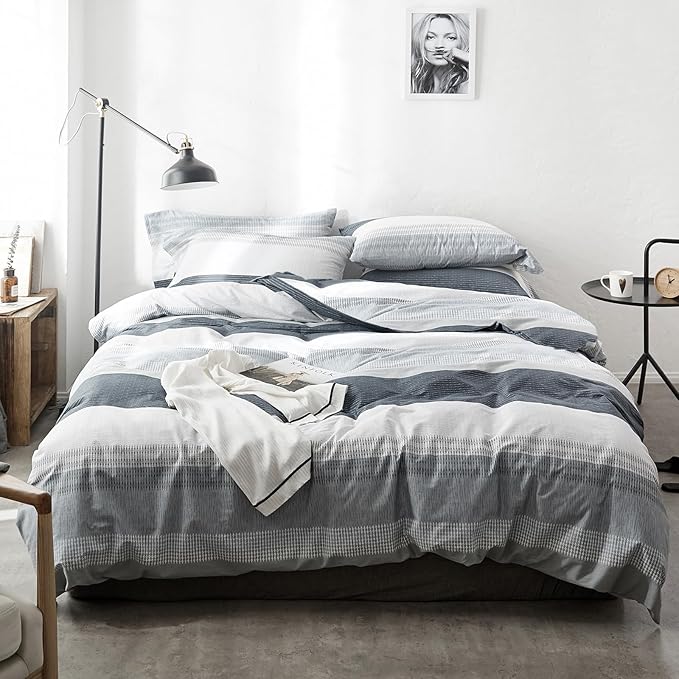 mixinni Gray Striped Comforter King Size Modern Geometric Comforter Set for Boys Men, 1 Geometric Comforter and 2 Pillow Shams, All Season-King Size