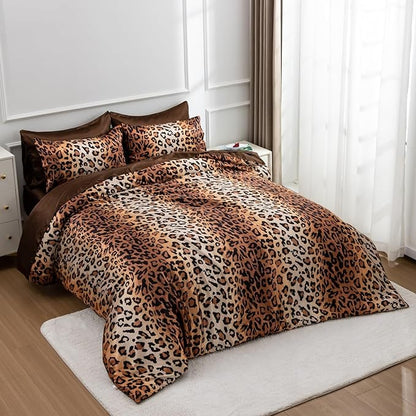A Nice Night Leopard Printed，Coffee Brown Satin Silky Soft Quilt Sexy Luxury Super Soft Microfiber Comforter Quilt Bedding Comforter Set Full/Queen, Light Weighted (Coffee, Queen(88-by-88-inches))