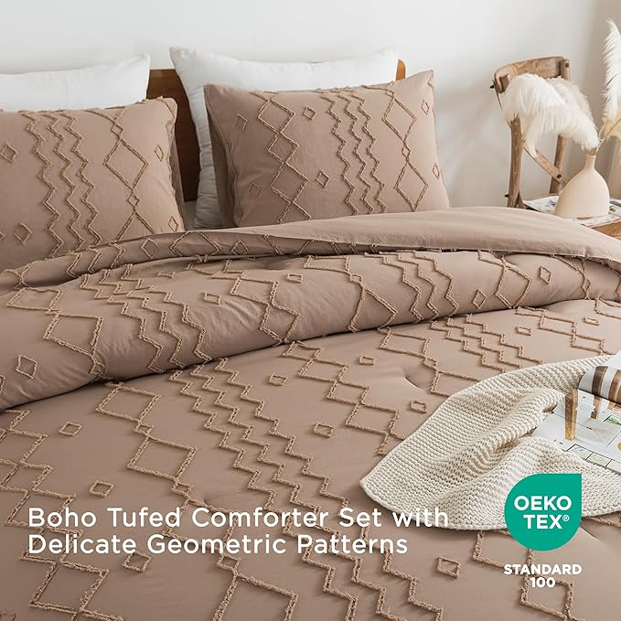 Andency Taupe Tufted Comforter Set Queen(90x90Inch), 3 Pieces(1 Boho Comforter, 2 Pillowcases) Textured Farmhouse Bed, Soft Microfiber Down Alternative Geometric Bedding Set