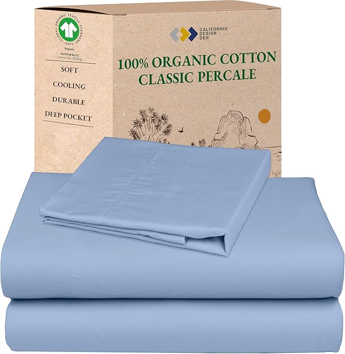 California Design Den Twin XL Sheets Set - Soft 100% Organic Cotton Sheets, Crisp and Cool Percale, Deep Pockets with Anti-Skid Elastic, Breathable and Durable Bedding for Dorm Room - Light Blue