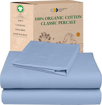 California Design Den Twin XL Sheets Set - Soft 100% Organic Cotton Sheets, Crisp and Cool Percale, Deep Pockets with Anti-Skid Elastic, Breathable and Durable Bedding for Dorm Room - Light Blue