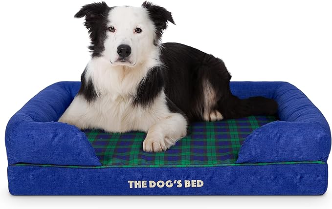 The Dog’s Bed Orthopedic Memory Foam Dog Bed with Bolsters, Oxford Fabric, Black Watch Tartan, L