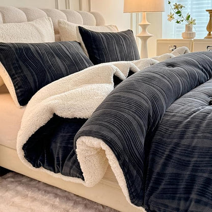 3D Striped Jacquard Sherpa Comforter Set Queen Size, Boho Geometric Pattern Quilt Bedding 3 Pieces Warm Cozy Fuzzy Comforter with 2 Pillowcases(90"X90" Dark Grey)