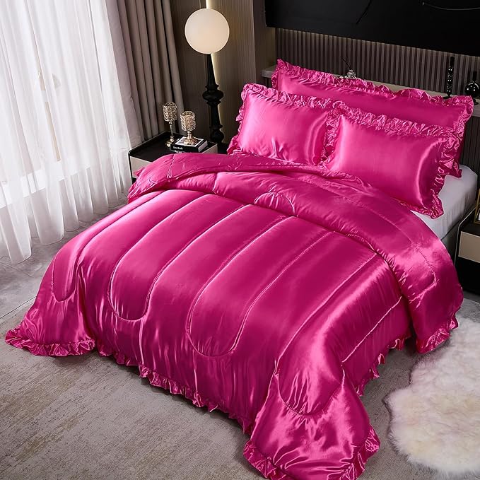 Hot Pink Queen Comforter Set Silk Like Satin Bedding Set 4 Pcs Hotel Soft Polyester Satin Bed Set Luxury Silky Body Pillow Cover Ruffle Down Comforter Home Decor