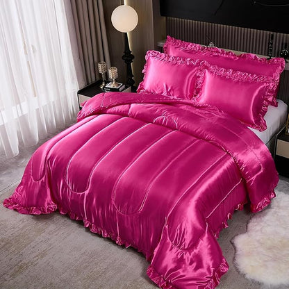 Hot Pink Queen Comforter Set Silk Like Satin Bedding Set 4 Pcs Hotel Soft Polyester Satin Bed Set Luxury Silky Body Pillow Cover Ruffle Down Comforter Home Decor