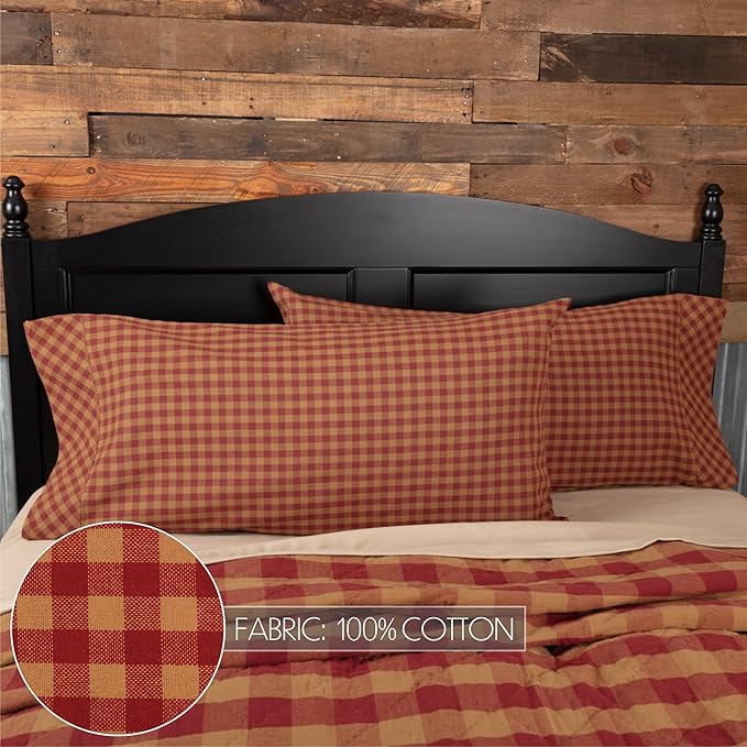 VHC Brands Burgundy Check Decorative Pattern Standard Cotton Pillow Case Set of 2, Setof2-21x30, Red