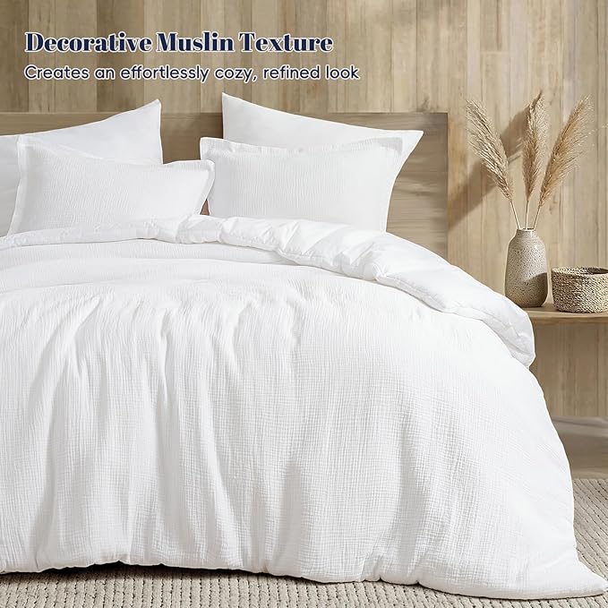 PHF Cotton Muslin Comforter Set Twin – 100% Cotton Cover, Ultra Soft & Breathable, 2PCS Lightweight All-Season Bedding with Polyester Fill, 1 Comforter 68"x90" & 1 Pillow Sham 20"x26", White