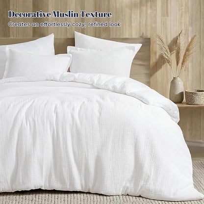 PHF Cotton Muslin Comforter Set Twin – 100% Cotton Cover, Ultra Soft & Breathable, 2PCS Lightweight All-Season Bedding with Polyester Fill, 1 Comforter 68"x90" & 1 Pillow Sham 20"x26", White