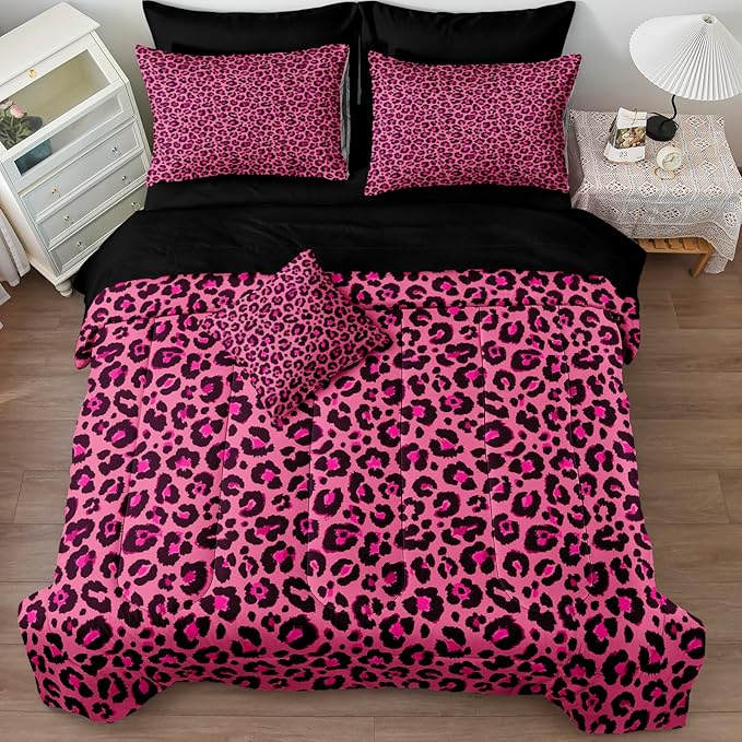 Leopard Print Comforter King Black and Pink Bedding Sets 8 Pcs Hot Pink Cheetah Animal Print Texture Wild Leopard Bed in A Bag with Comforter and Sheet Set