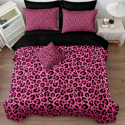 Leopard Print Comforter Queen Black and Pink Bedding Sets 8 Pcs Hot Pink Cheetah Animal Print Texture Wild Leopard Bed in A Bag with Comforter and Sheet Set