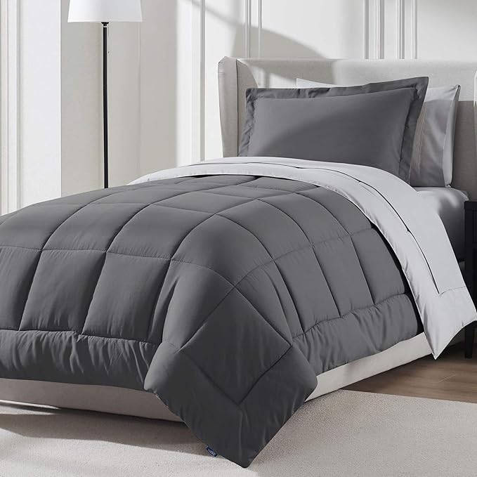 Nestl 5 Piece Twin Comforter Set – Dark Grey Reversible Bed in a Bag – Complete Twin Size Bedding Set with Sheets, Pillowcase and Sham