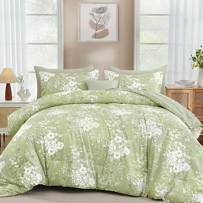 WONGS BEDDING King Size Comforter Set, 8 Pieces Sage Green Floral Bed in a Bag Comforter Sets, Botanical Print Soft Fluffy Microfiber Complete Bedding Sets for All Season (90"x104")