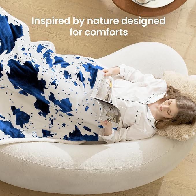 Cow Print Heated Blanket Twin-Heating Electric Blanket Twin with 10 Heat Levels & 10 Hours Auto-Off, Cozy Soft Fleece Sherpa, Washable, 62 x 84 Inche Cow Print Blue