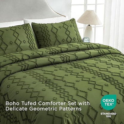 Andency Olive Green Tufted Comforter Set California King(104x96Inch), 3 Pieces(1 Boho Comforter, 2 Pillowcases) Textured Farmhouse Comforter, Soft Microfiber Down Alternative Geometric Comforter Set