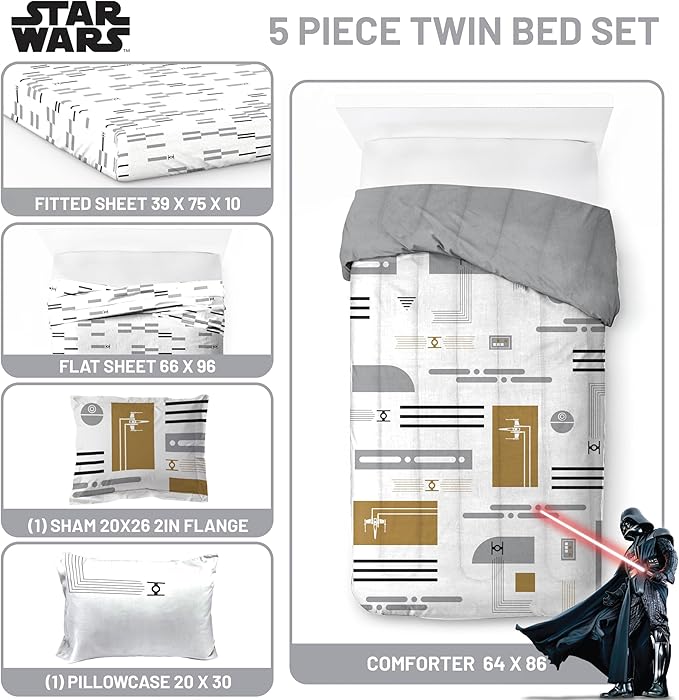 Jay Franco Comforter Set Includes Sheets and Pillow Covers - Soft and Cozy Bed Set for Stylish Room Decor, White - Star Wars, 5 Piece Twin Bedding