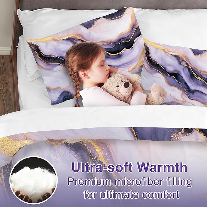 Marble Kids Comforter Sets Full Size Purple Gold Bedding Set Tie-Dye Purple Marbling Texture Bed Set for Bedroom Decor Soft Quilt Set with 1 Comforter + 2 Pillowcases