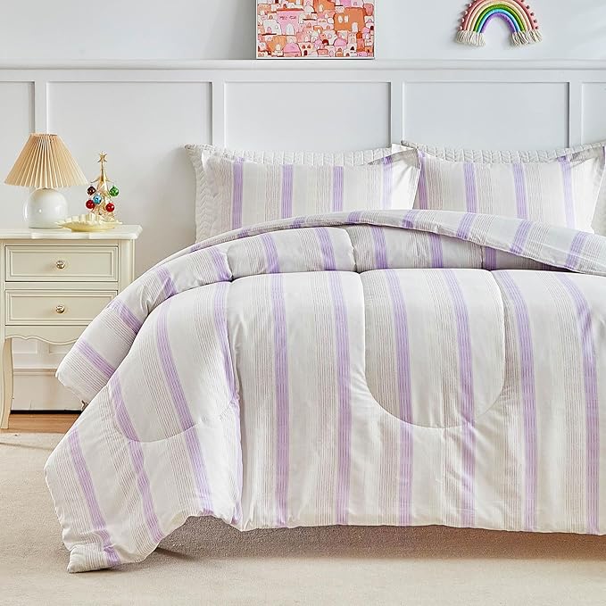 Joyreap 3pcs Cotton Comforter Set Twin, Purple Stripes Stylish Design, Soft Cozy Lightweight Bedding Comforter Set for All Seasons- 68x88 inches