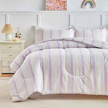 Joyreap 3pcs Cotton Comforter Set Twin, Purple Stripes Stylish Design, Soft Cozy Lightweight Bedding Comforter Set for All Seasons- 68x88 inches